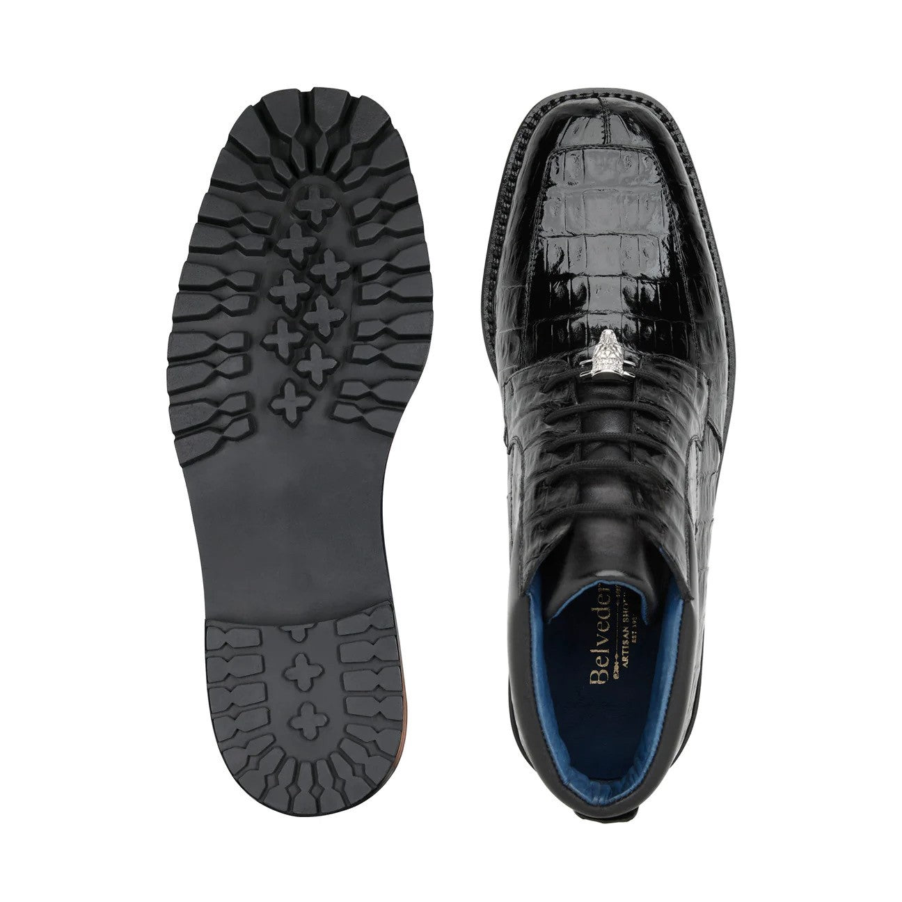 The BELVEDERE Gallardo is a black, genuine caiman crocodile dress shoe (U02) featuring high-shine leather, lace-up design, cushion insole, lug sole, and decorative tassel detail on the vamp, shown in side profile.