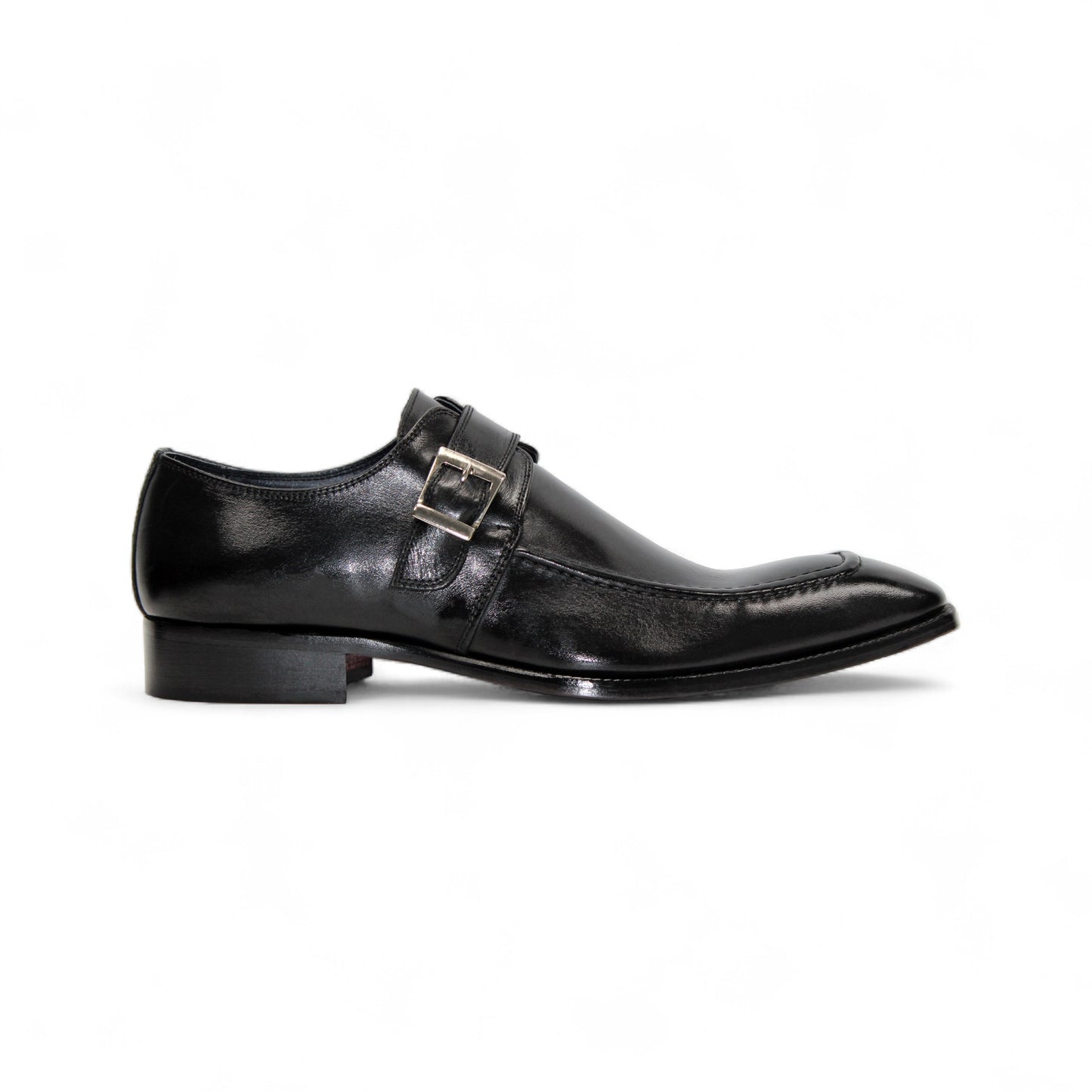 The Duca Di Matiste Duca Garda Black is a genuine black leather dress shoe with a single side buckle and low heel, ideal for the modern wardrobe, shown against a white background.