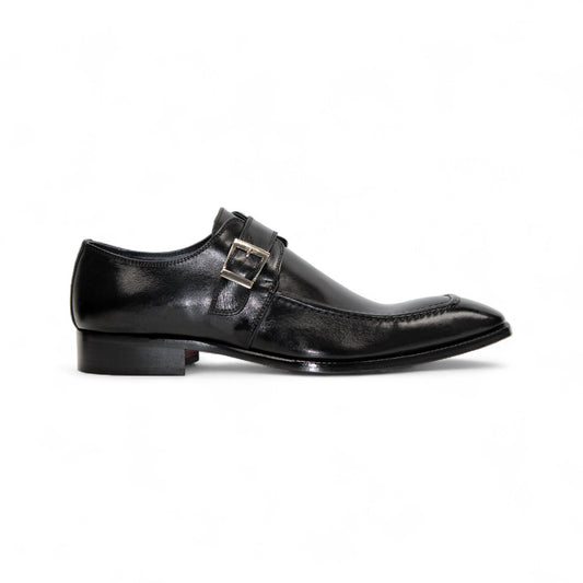 The Duca Di Matiste Duca Garda Black is a genuine black leather dress shoe with a single side buckle and low heel, ideal for the modern wardrobe, shown against a white background.