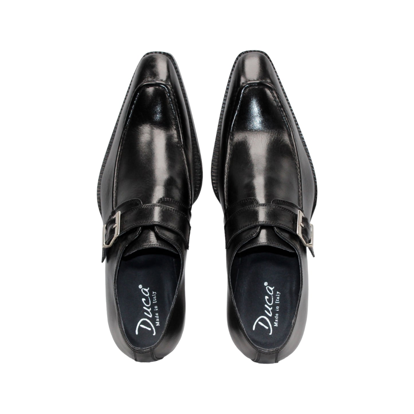 The Duca Di Matiste Duca Garda Black is a genuine black leather dress shoe with a single side buckle and low heel, ideal for the modern wardrobe, shown against a white background.