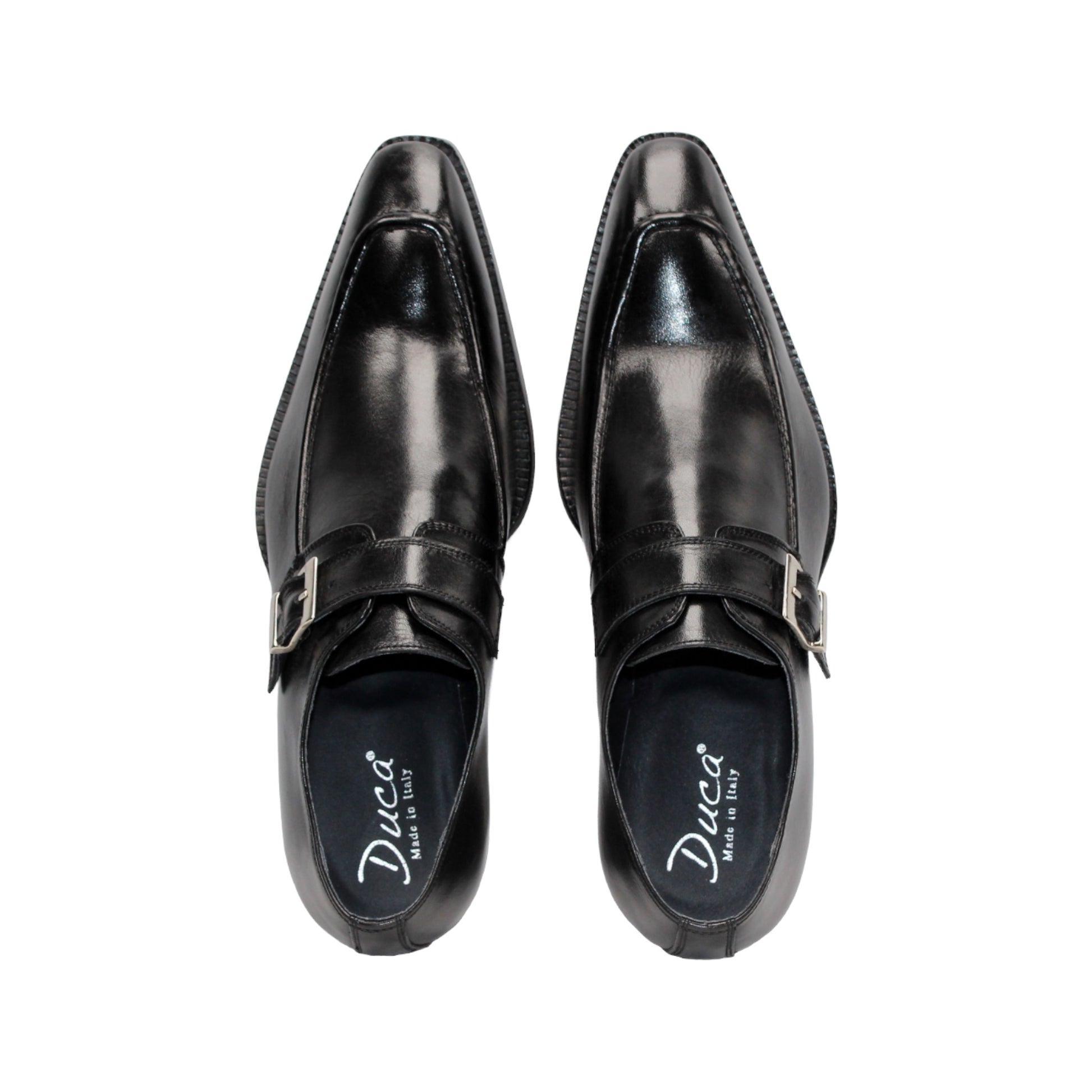 The Duca Di Matiste Duca Garda Black is a genuine black leather dress shoe with a single side buckle and low heel, ideal for the modern wardrobe, shown against a white background.