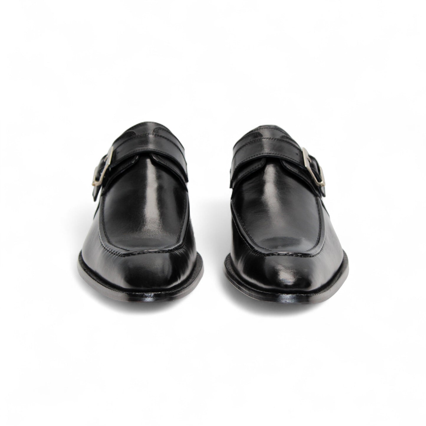 The Duca Di Matiste Duca Garda Black is a genuine black leather dress shoe with a single side buckle and low heel, ideal for the modern wardrobe, shown against a white background.