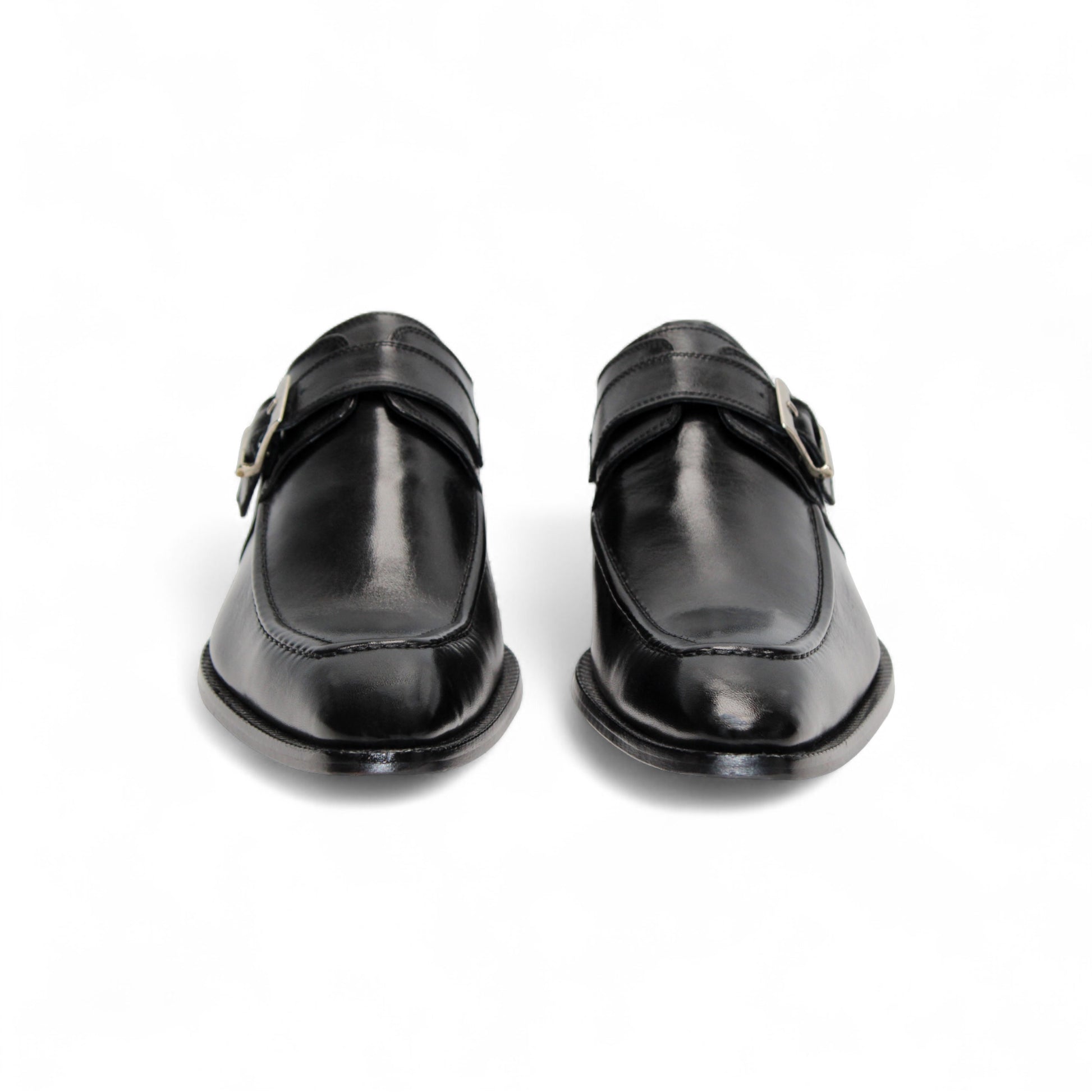 The Duca Di Matiste Duca Garda Black is a genuine black leather dress shoe with a single side buckle and low heel, ideal for the modern wardrobe, shown against a white background.