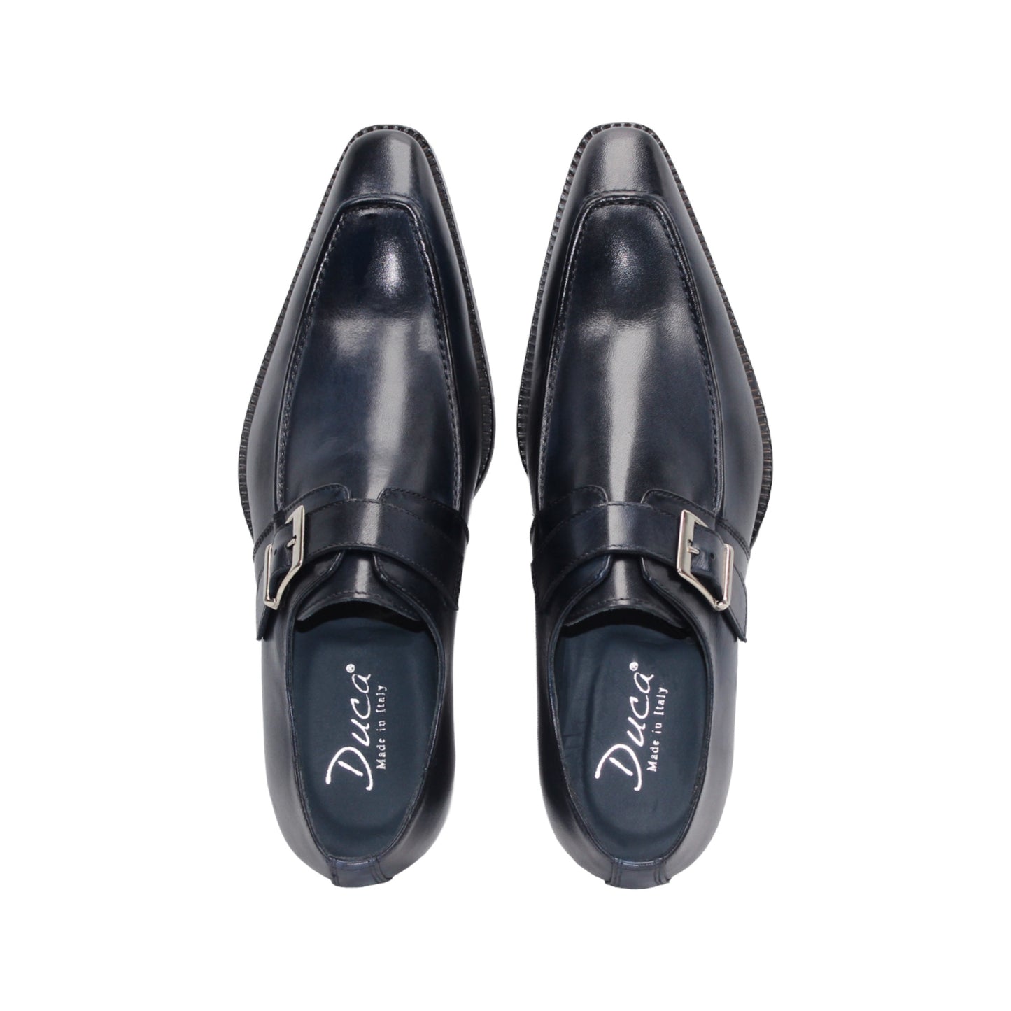 The Duca Di Matiste Duca Garda Navy is a handcrafted Italian leather shoe in dark blue, featuring a side buckle, low heel, and pointed toe, shown against a white background.