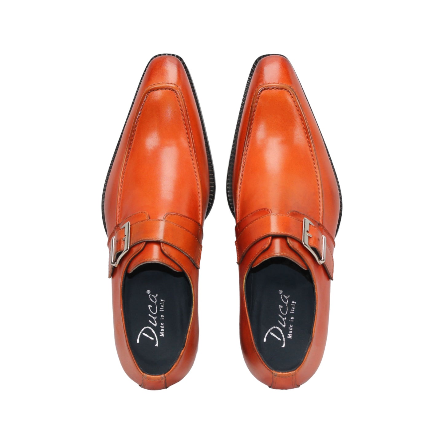 The Duca Di Matiste Duca Garda Orange dress shoe, crafted from genuine leather with a side buckle and low black heel, is shown in profile on a white background—a refined, modern wardrobe addition.