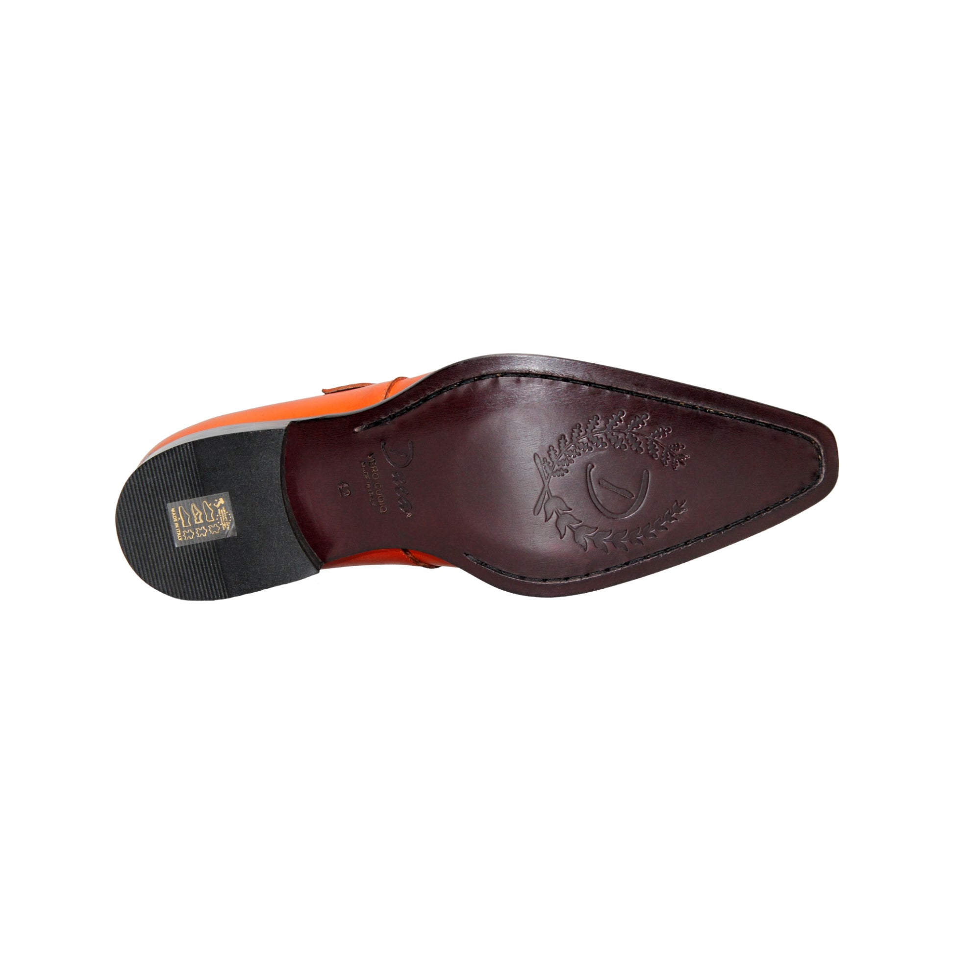 The Duca Di Matiste Duca Garda Orange dress shoe, crafted from genuine leather with a side buckle and low black heel, is shown in profile on a white background—a refined, modern wardrobe addition.