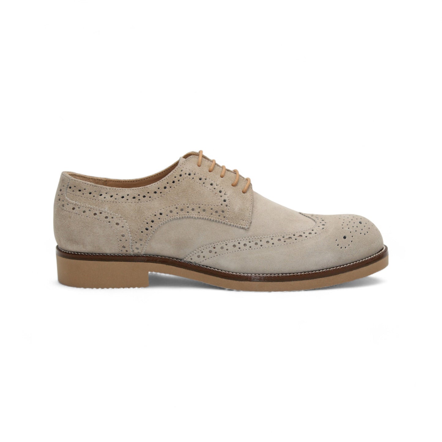 The Firmani George Beige is an Italian suede Oxford shoe with brogue detailing, brown laces, and a comfy rubber sole by Firmani, shown in side profile on a white background.