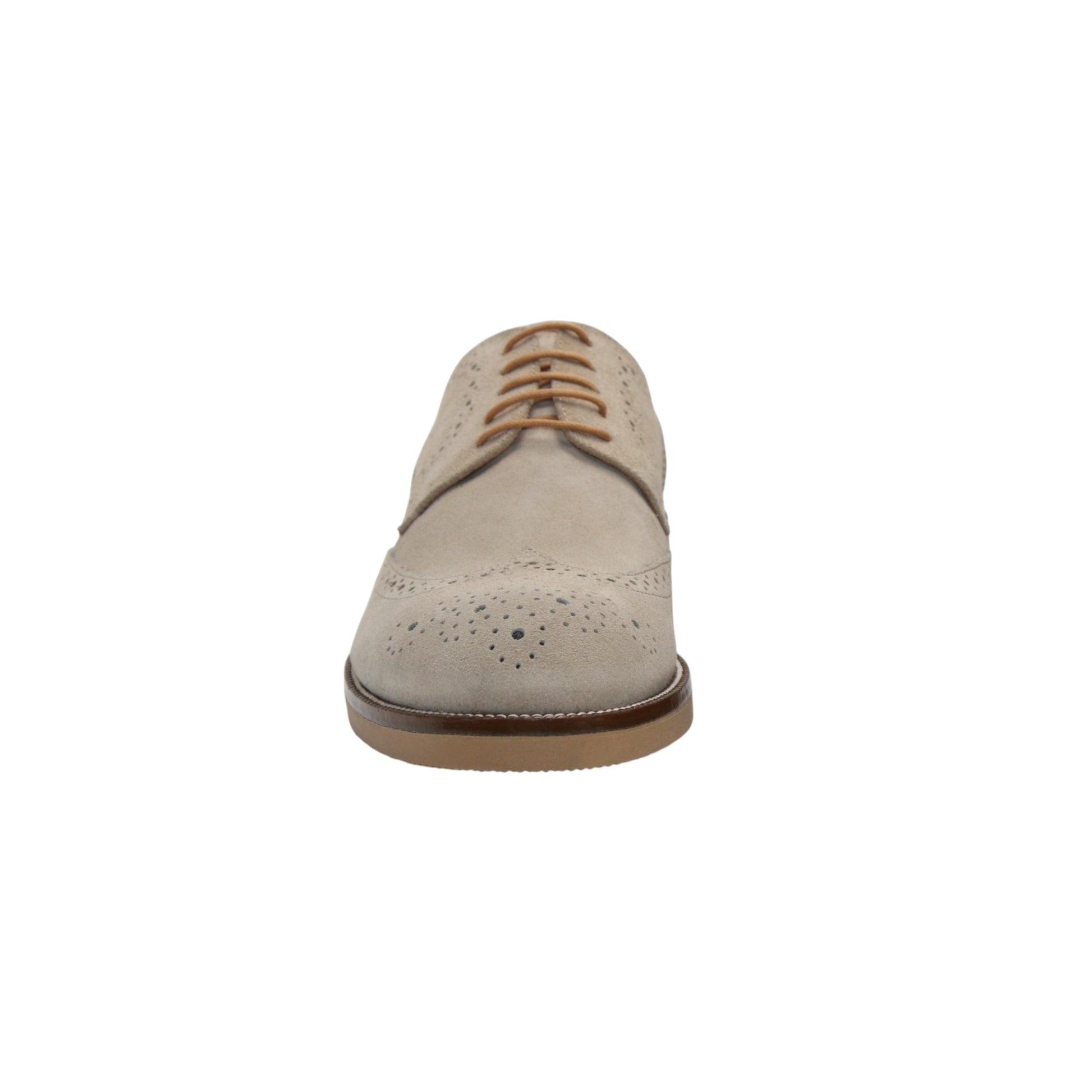 The Firmani George Beige is an Italian suede Oxford shoe with brogue detailing, brown laces, and a comfy rubber sole by Firmani, shown in side profile on a white background.