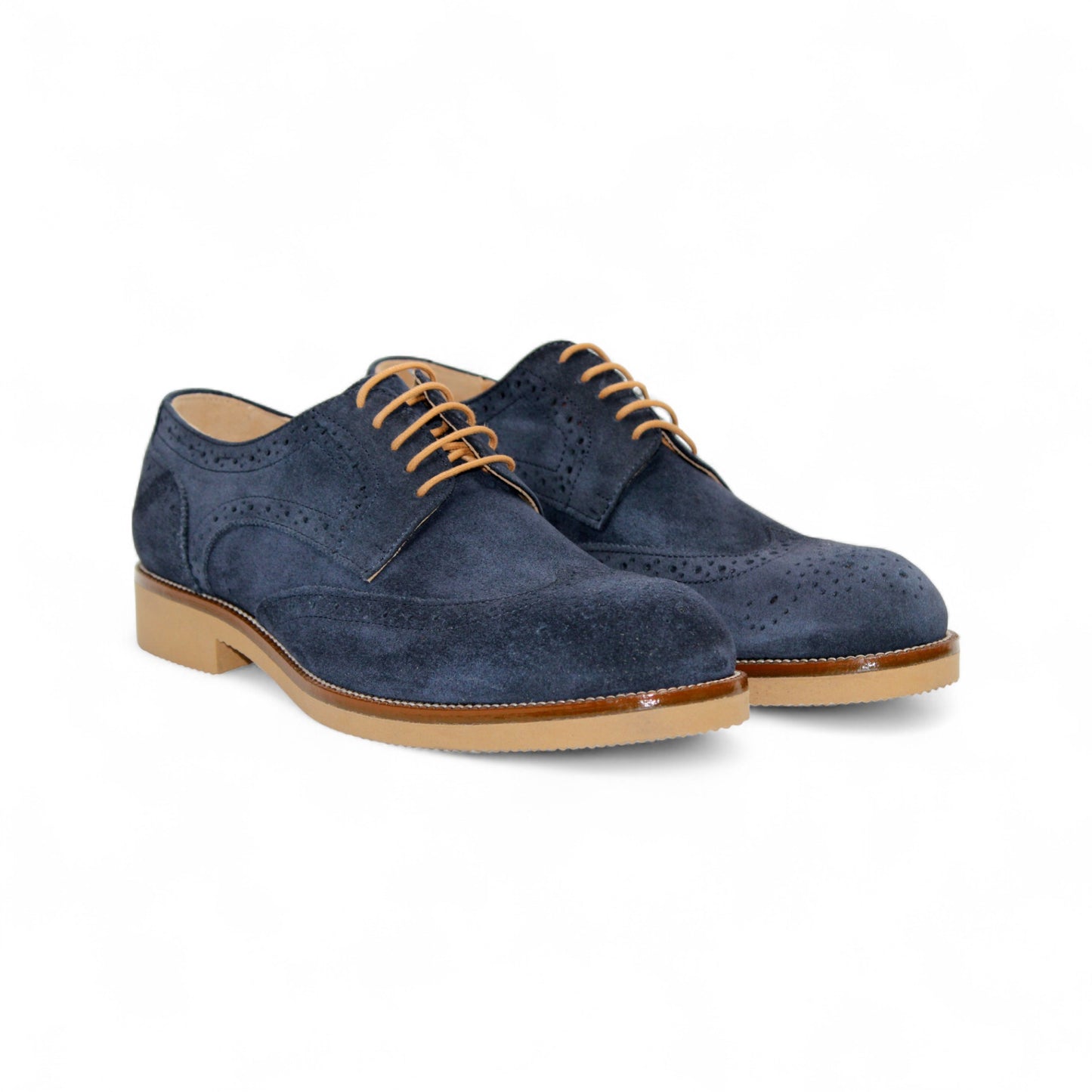 The Firmani George Navy by Firmani is a stylish Italian suede oxford with tan laces and a light brown sole, shown against a white background.