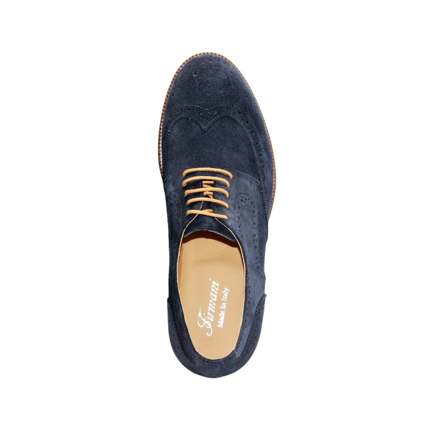 The Firmani George Navy by Firmani is a stylish Italian suede oxford with tan laces and a light brown sole, shown against a white background.