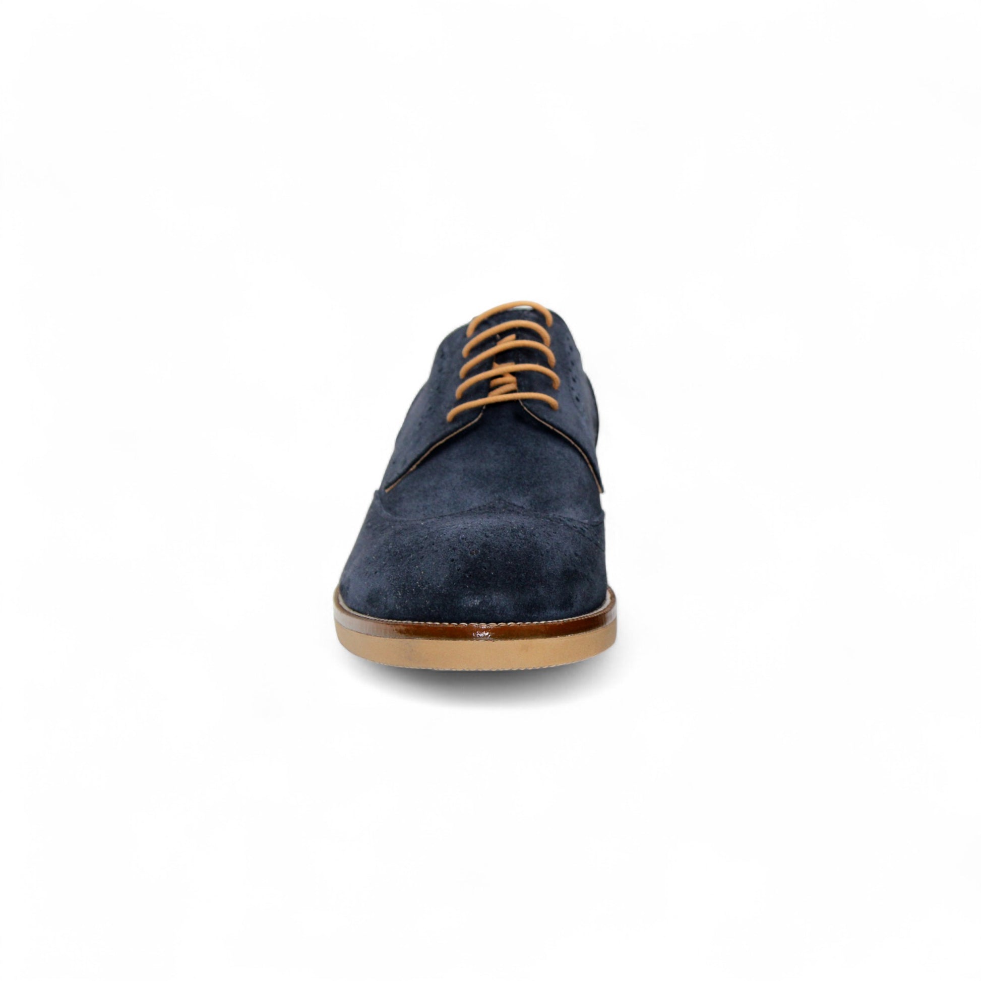 The Firmani George Navy by Firmani is a stylish Italian suede oxford with tan laces and a light brown sole, shown against a white background.