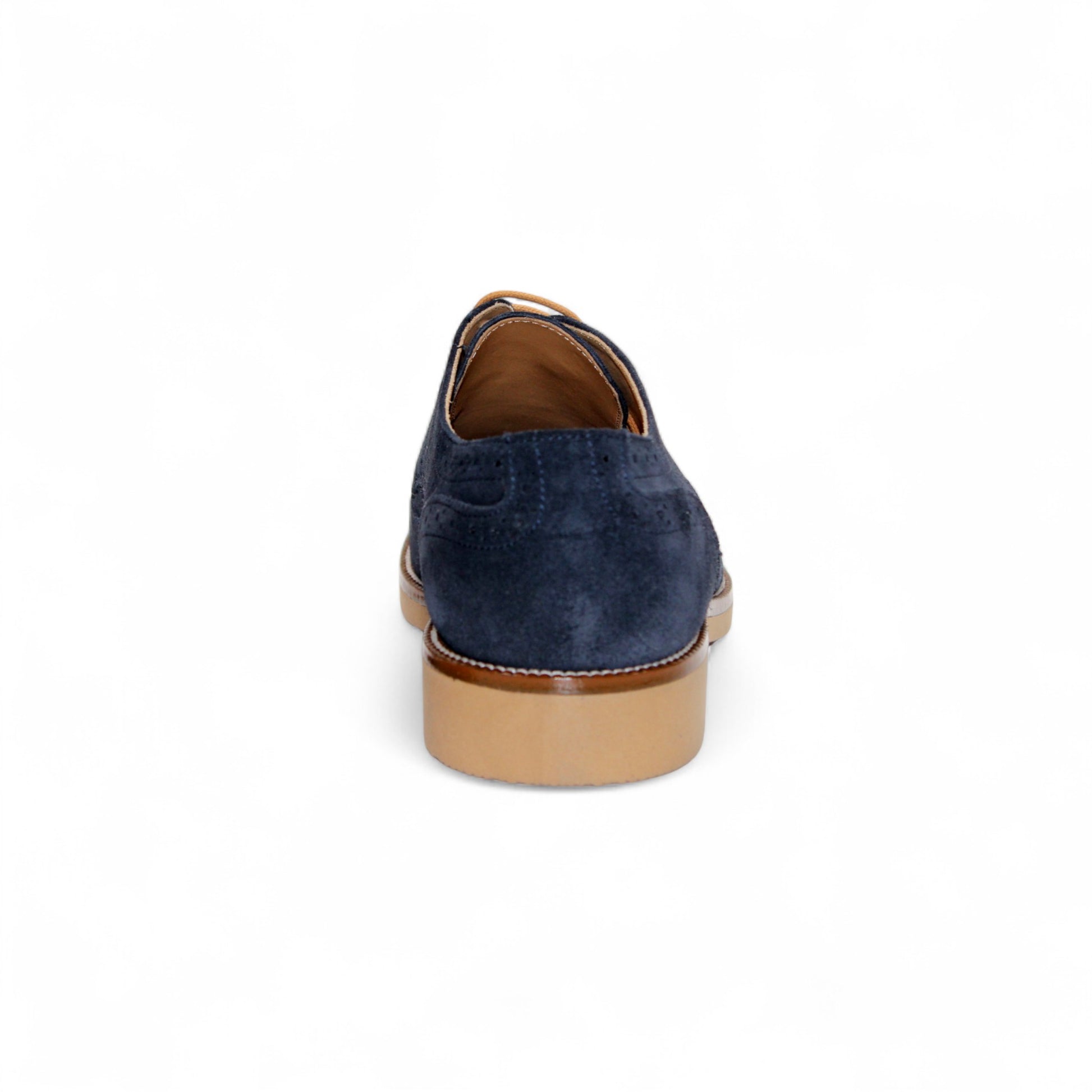 The Firmani George Navy by Firmani is a stylish Italian suede oxford with tan laces and a light brown sole, shown against a white background.