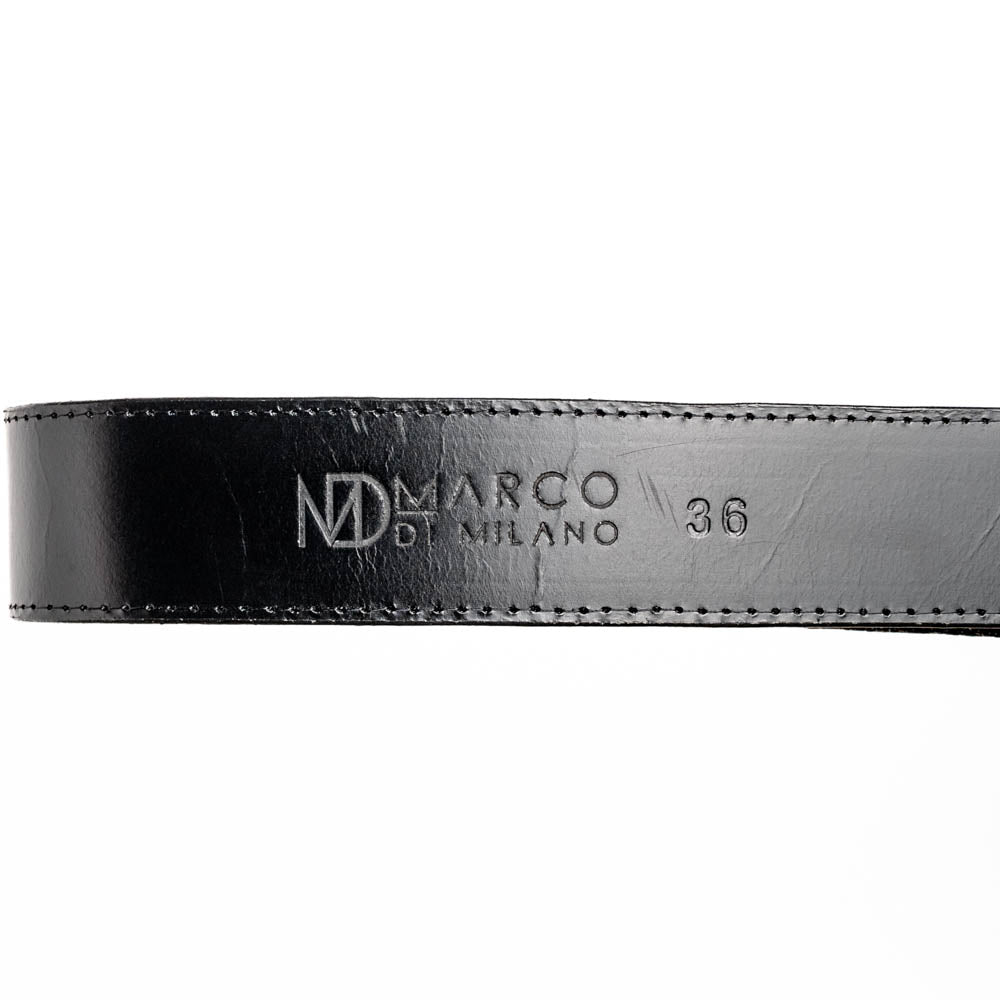 The Georgia Belt Black by Marco Di Milano is a luxury men's belt made from genuine stingray skin, featuring a bold black texture and a large gold "MD" buckle.