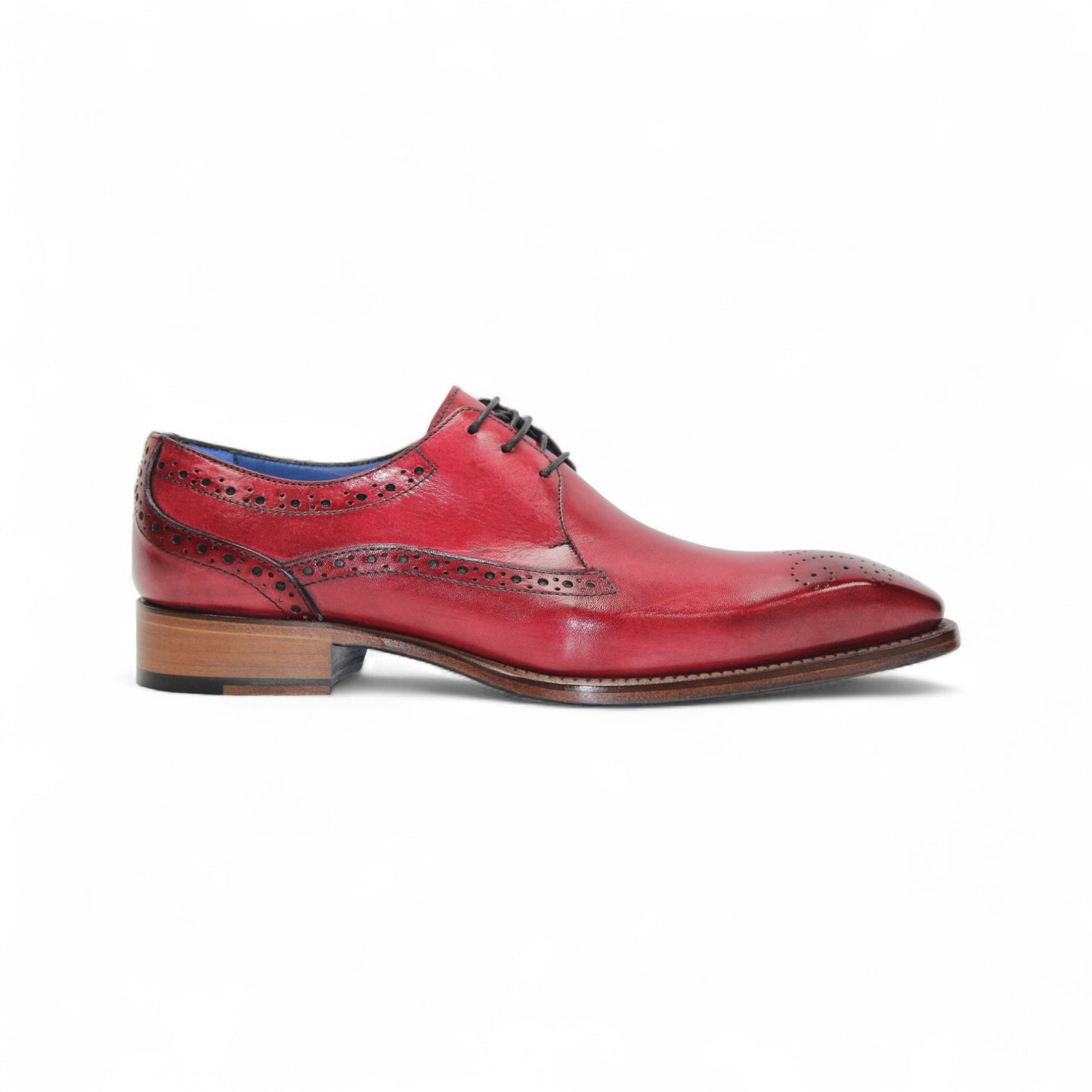 The Emilio Franco Giacamo Antique Red by Emilio Franco is a men's dress shoe in red genuine leather with black laces, brogue details, and a wooden heel, displayed in profile on a white background.