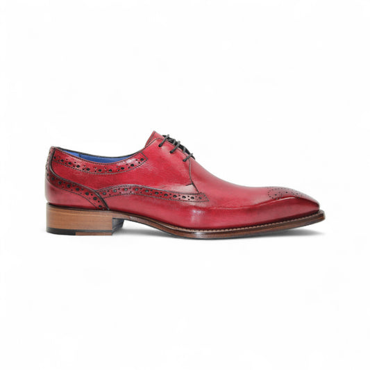 The Emilio Franco Giacamo Antique Red by Emilio Franco is a men's dress shoe in red genuine leather with black laces, brogue details, and a wooden heel, displayed in profile on a white background.