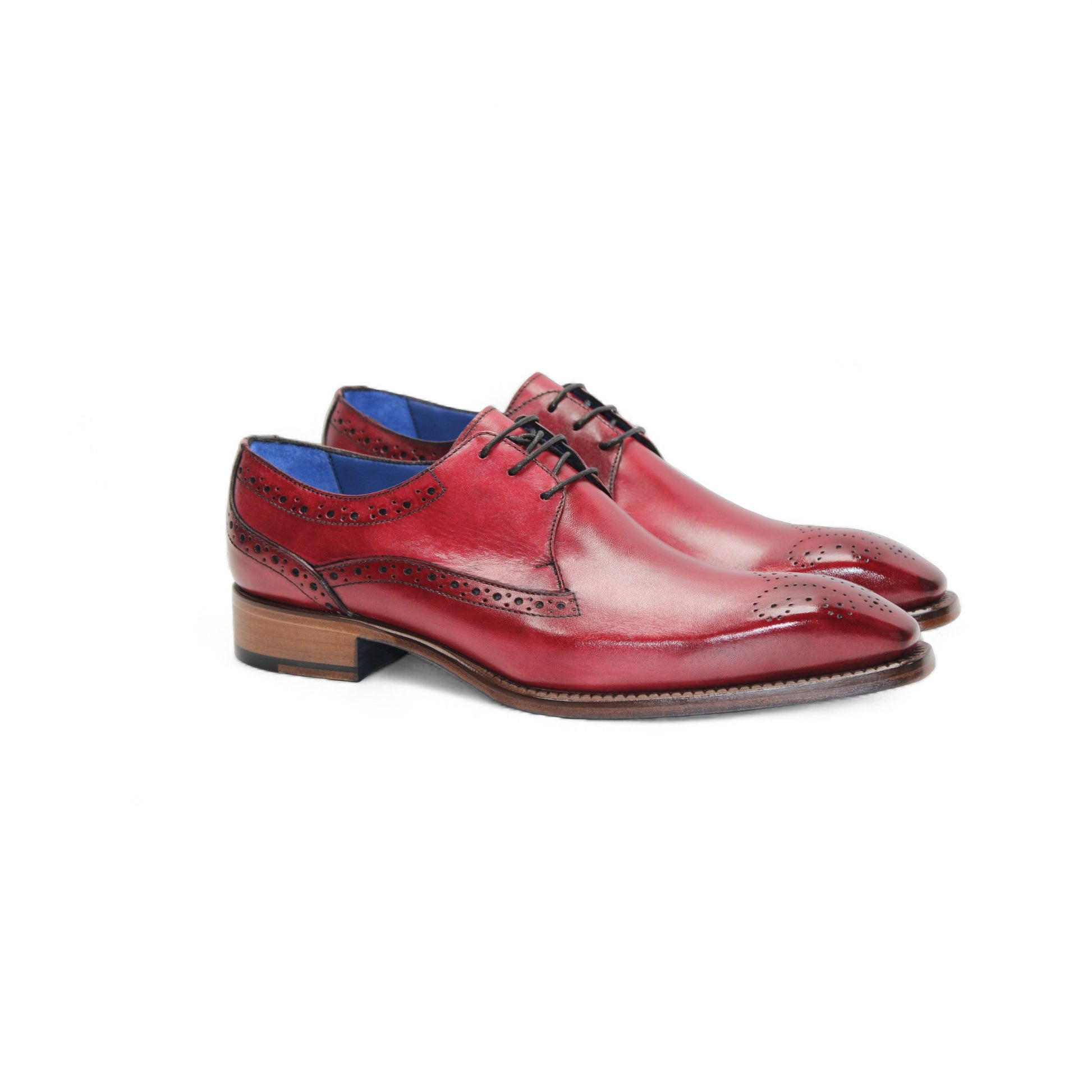 The Emilio Franco Giacamo Antique Red by Emilio Franco is a men's dress shoe in red genuine leather with black laces, brogue details, and a wooden heel, displayed in profile on a white background.