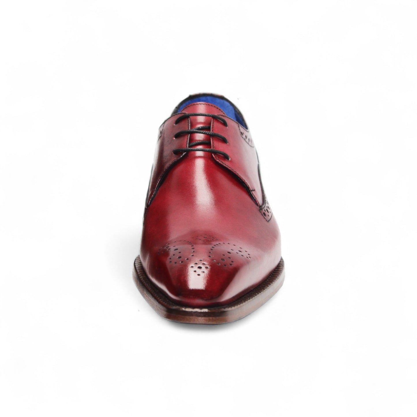 The Emilio Franco Giacamo Antique Red by Emilio Franco is a men's dress shoe in red genuine leather with black laces, brogue details, and a wooden heel, displayed in profile on a white background.