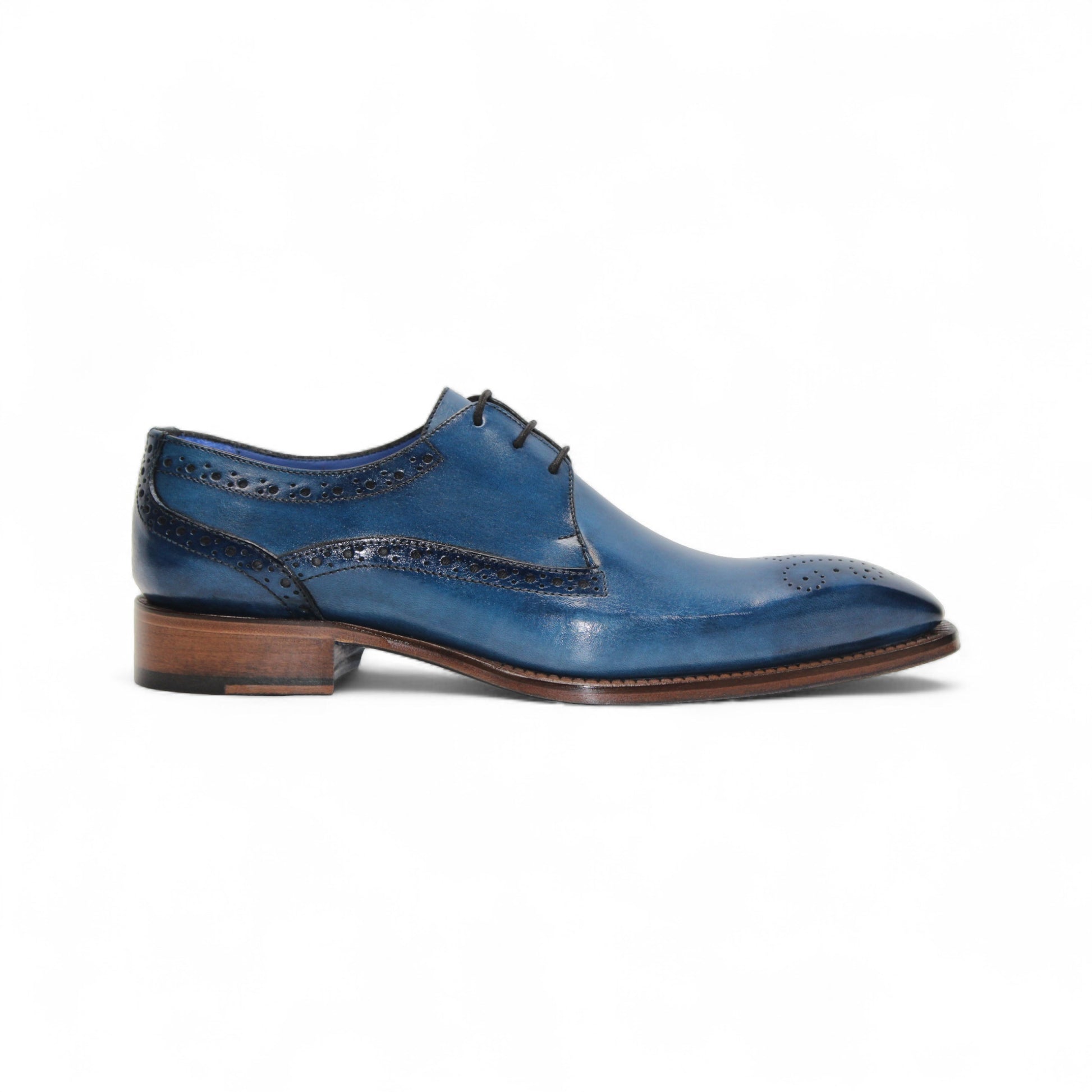 The Emilio Franco Giacamo Ocean Blue is an Italian leather dress shoe featuring dark brogue details, a brown sole and laces, displayed in side profile against a white background.