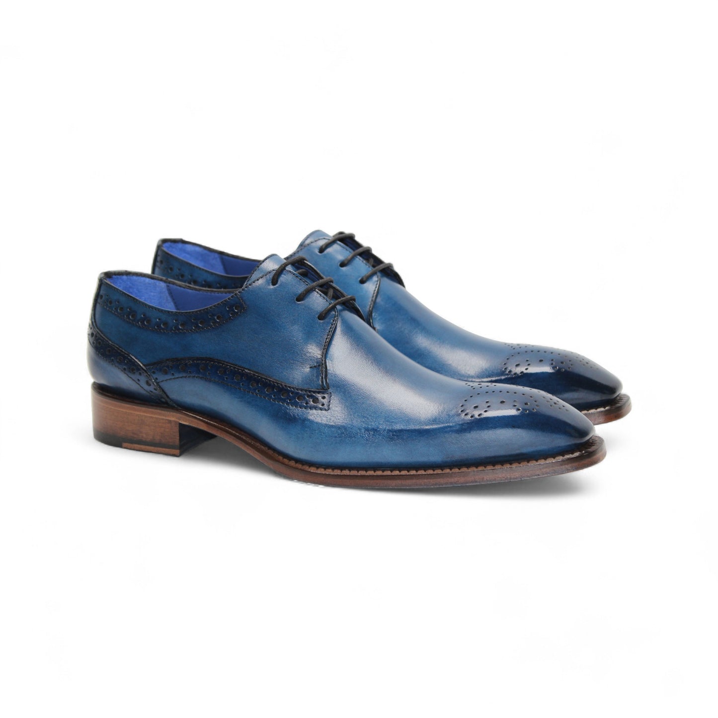 The Emilio Franco Giacamo Ocean Blue is an Italian leather dress shoe featuring dark brogue details, a brown sole and laces, displayed in side profile against a white background.