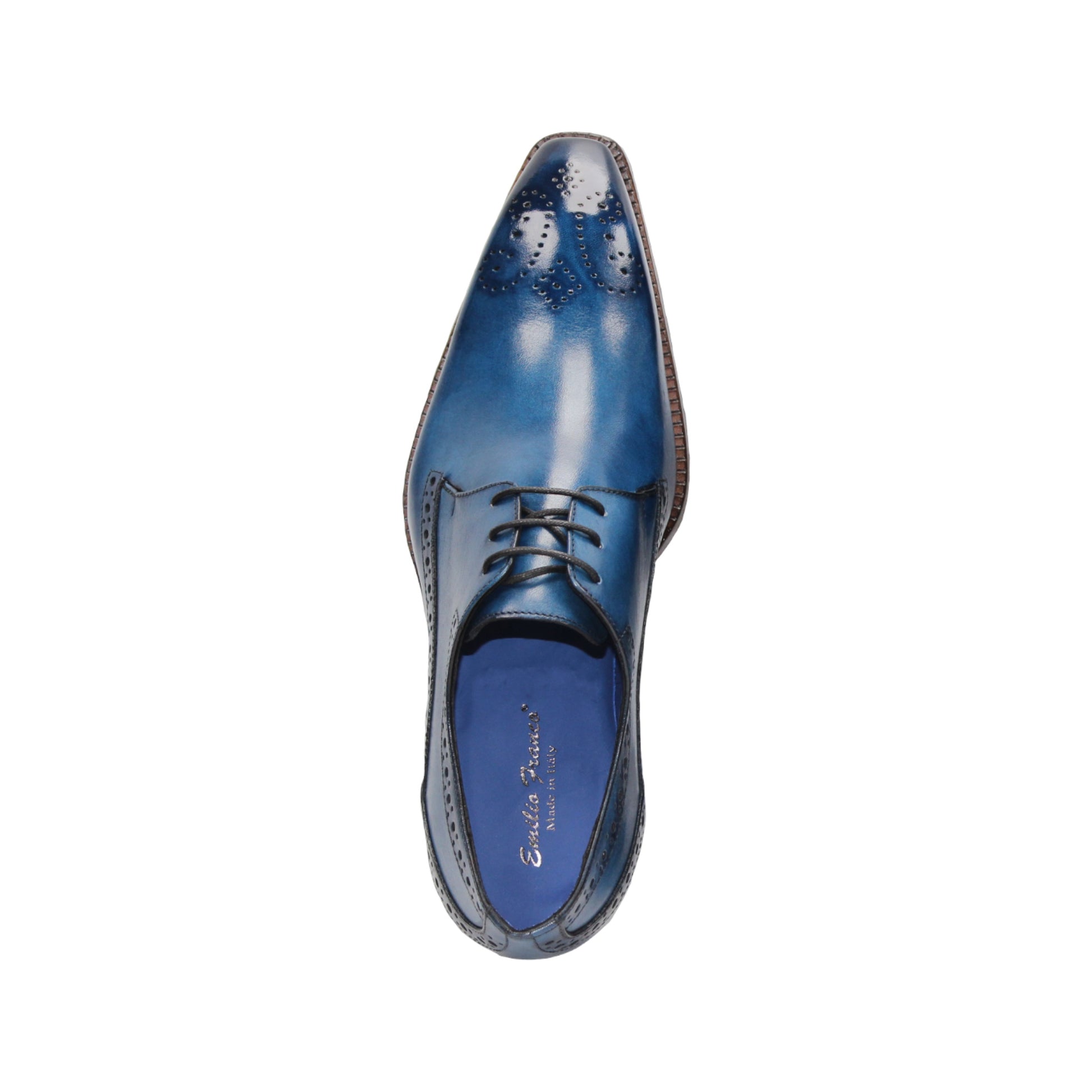 The Emilio Franco Giacamo Ocean Blue is an Italian leather dress shoe featuring dark brogue details, a brown sole and laces, displayed in side profile against a white background.