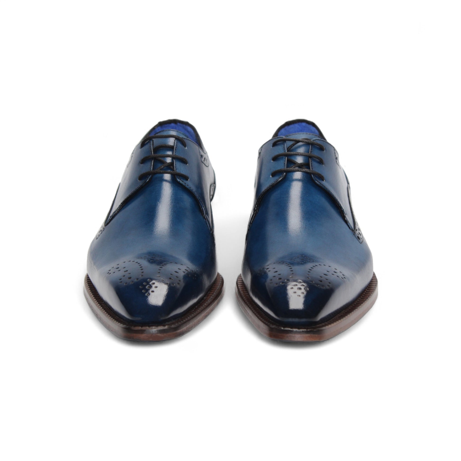 The Emilio Franco Giacamo Ocean Blue is an Italian leather dress shoe featuring dark brogue details, a brown sole and laces, displayed in side profile against a white background.
