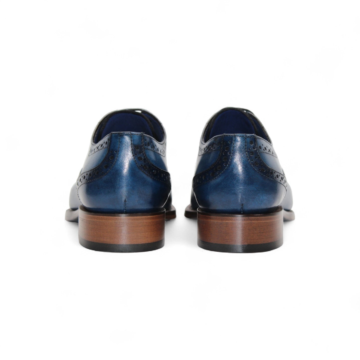 The Emilio Franco Giacamo Ocean Blue is an Italian leather dress shoe featuring dark brogue details, a brown sole and laces, displayed in side profile against a white background.