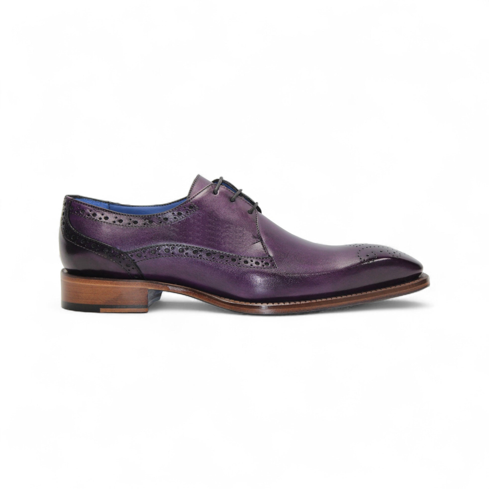The Emilio Franco Giacamo Purple is a genuine leather oxford dress shoe with decorative brogue detailing, black laces, and a brown stacked heel, shown in profile on a white background—an elegant Emilio Franco choice.