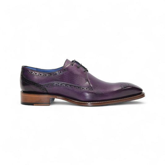 The Emilio Franco Giacamo Purple is a genuine leather oxford dress shoe with decorative brogue detailing, black laces, and a brown stacked heel, shown in profile on a white background—an elegant Emilio Franco choice.