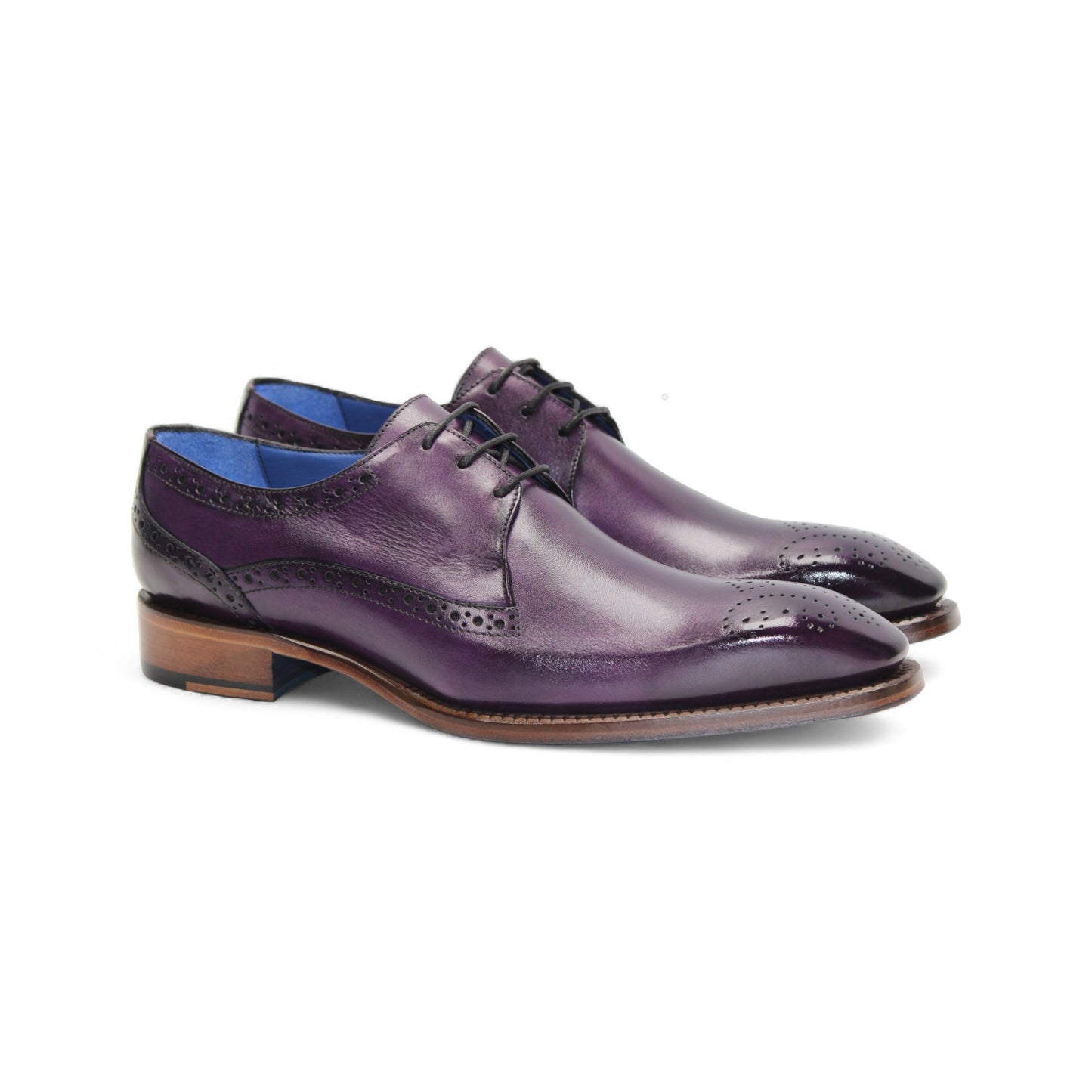 The Emilio Franco Giacamo Purple is a genuine leather oxford dress shoe with decorative brogue detailing, black laces, and a brown stacked heel, shown in profile on a white background—an elegant Emilio Franco choice.