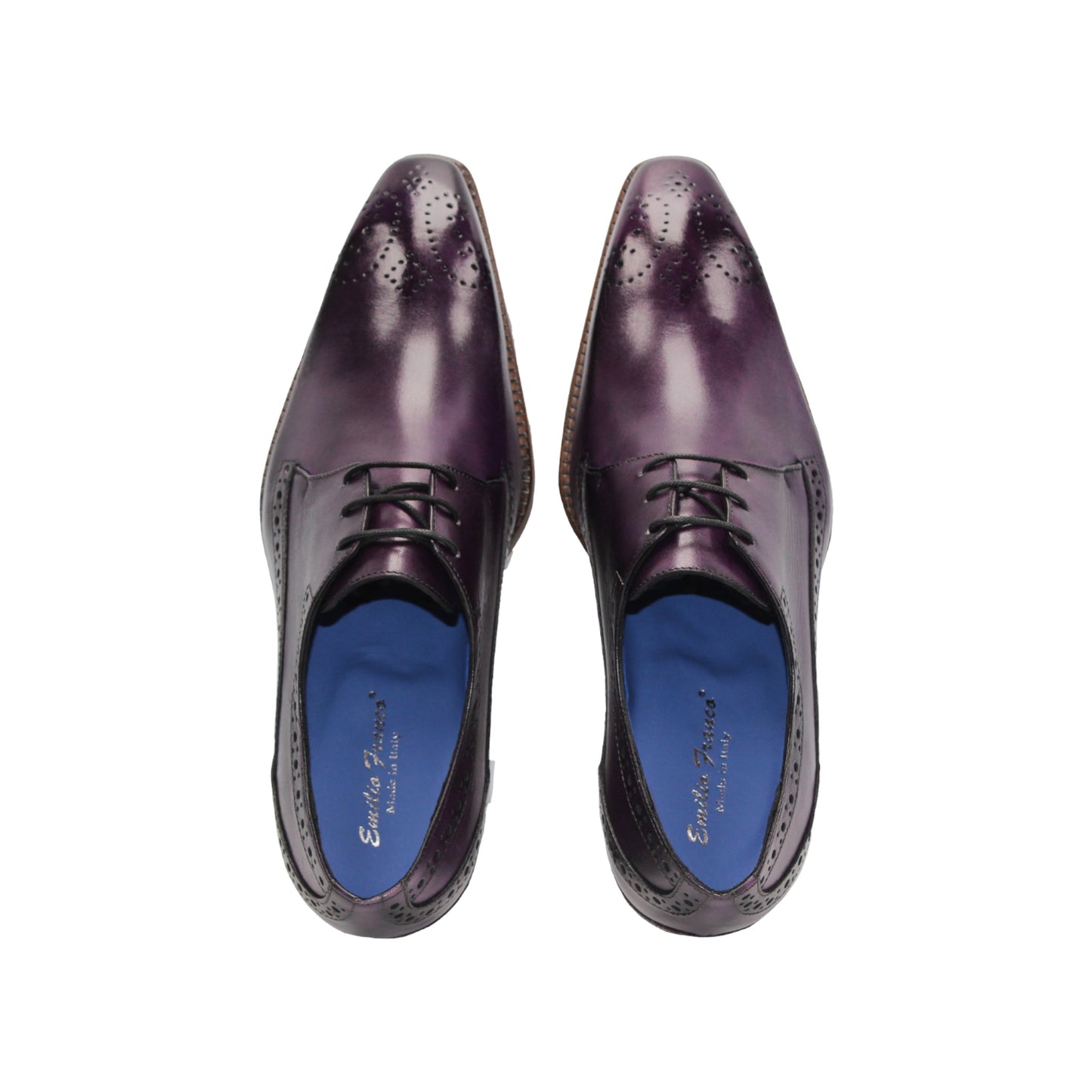 The Emilio Franco Giacamo Purple is a genuine leather oxford dress shoe with decorative brogue detailing, black laces, and a brown stacked heel, shown in profile on a white background—an elegant Emilio Franco choice.