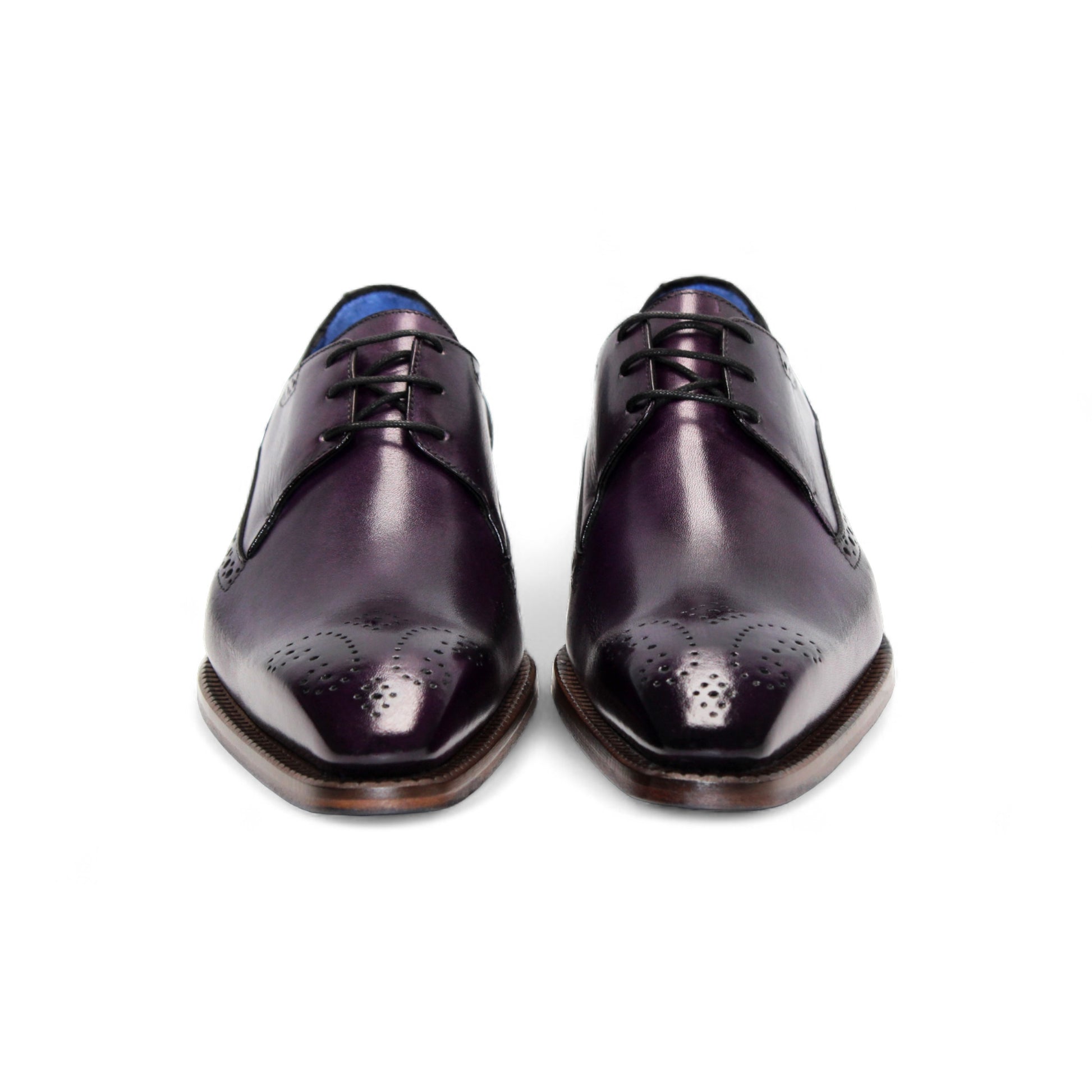 The Emilio Franco Giacamo Purple is a genuine leather oxford dress shoe with decorative brogue detailing, black laces, and a brown stacked heel, shown in profile on a white background—an elegant Emilio Franco choice.