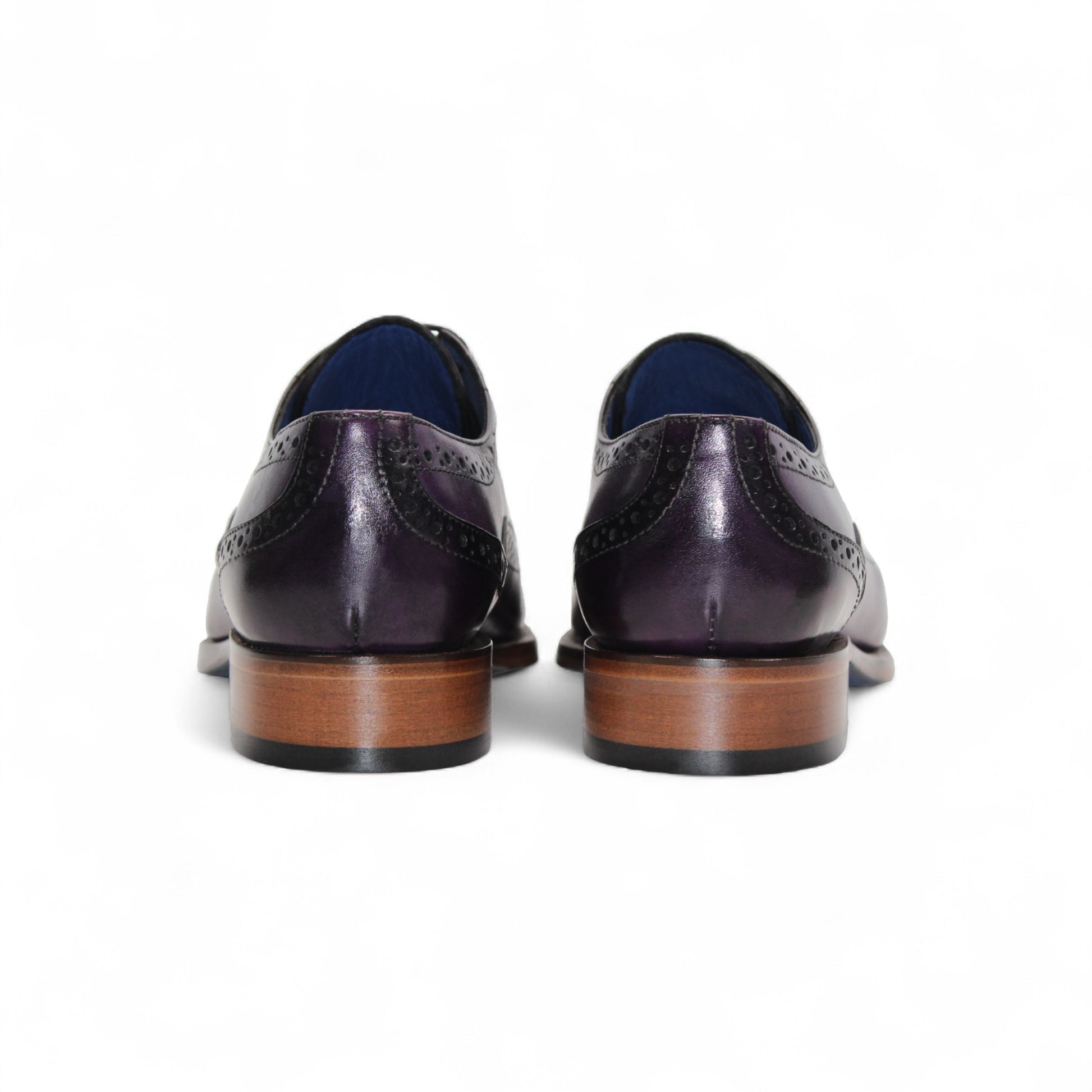 The Emilio Franco Giacamo Purple is a genuine leather oxford dress shoe with decorative brogue detailing, black laces, and a brown stacked heel, shown in profile on a white background—an elegant Emilio Franco choice.