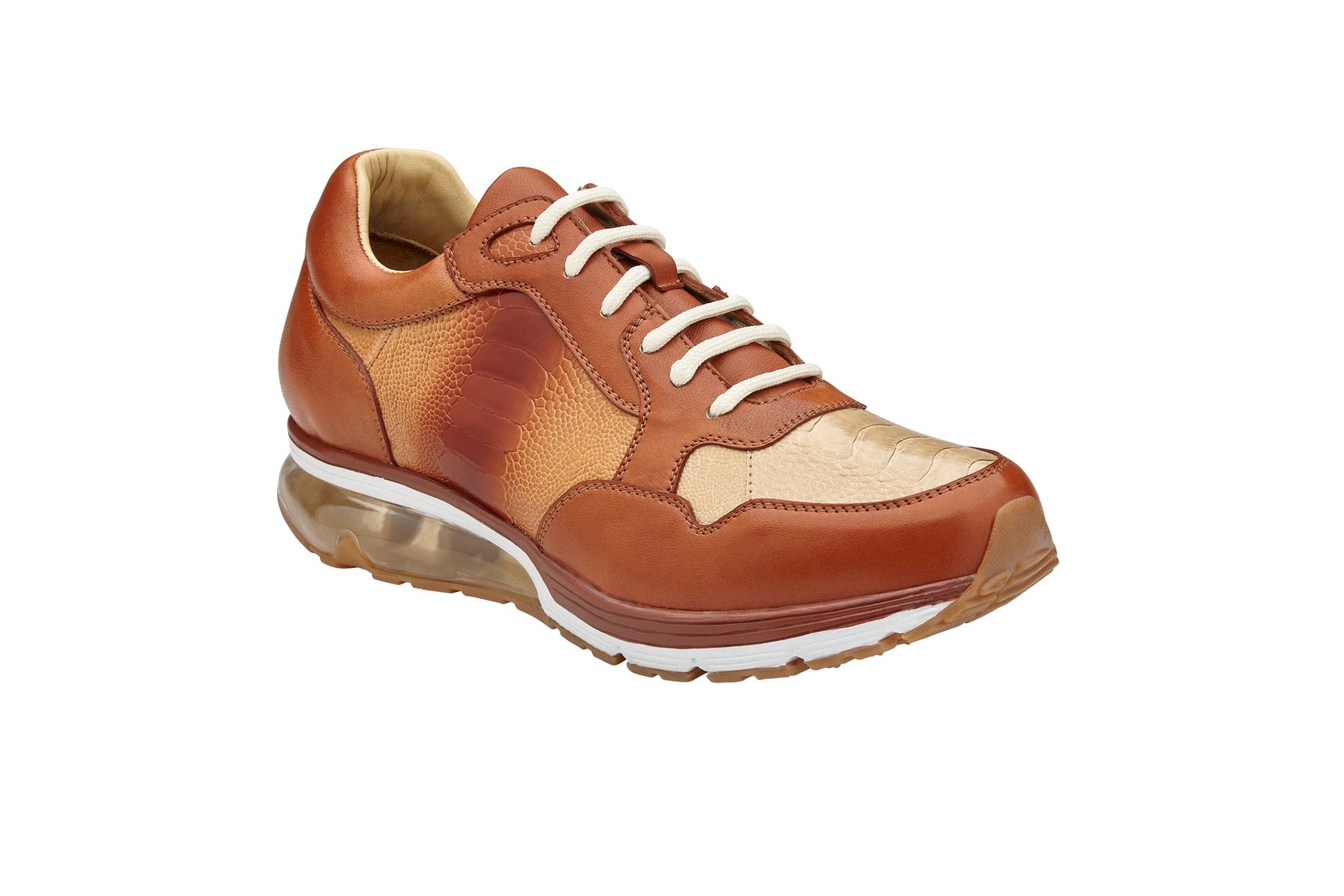 BELVEDERE’s Gino E24 sneaker in Antique Brandy/Bone features genuine ostrich leg and soft calf leather, a cushioned insole, white laces, a transparent air-cushioned sole, and textured panels—all shown in side profile.