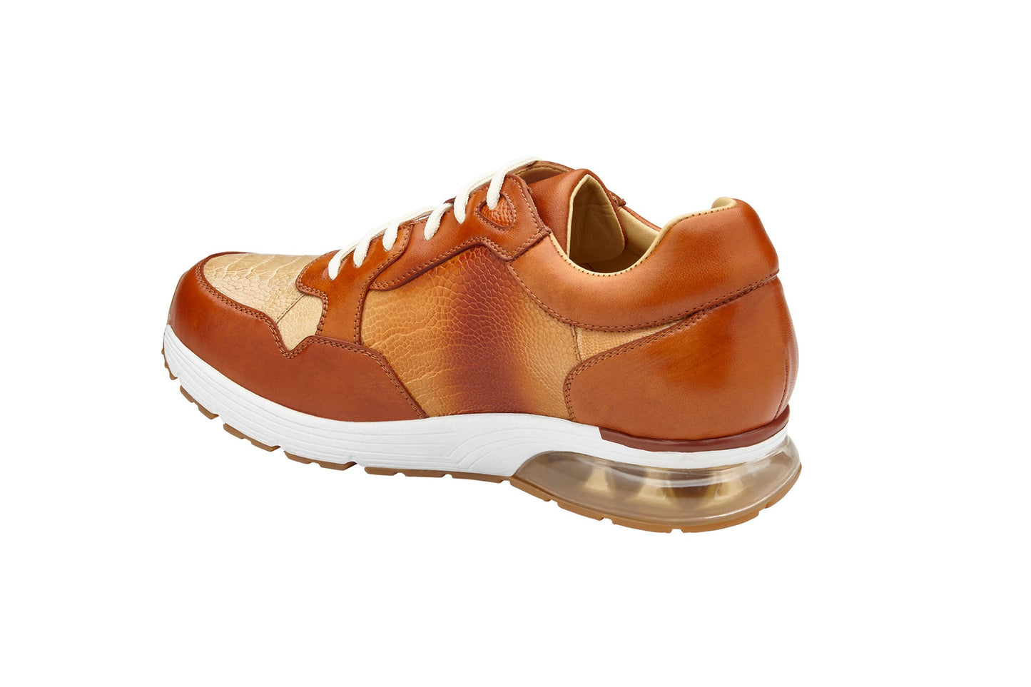 BELVEDERE’s Gino E24 sneaker in Antique Brandy/Bone features genuine ostrich leg and soft calf leather, a cushioned insole, white laces, a transparent air-cushioned sole, and textured panels—all shown in side profile.