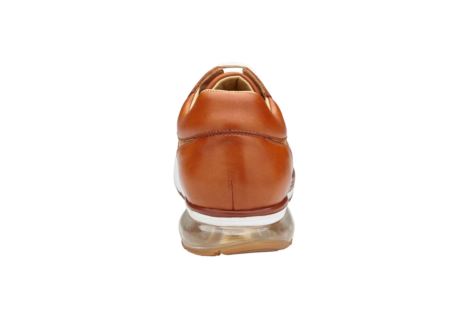 BELVEDERE’s Gino E24 sneaker in Antique Brandy/Bone features genuine ostrich leg and soft calf leather, a cushioned insole, white laces, a transparent air-cushioned sole, and textured panels—all shown in side profile.