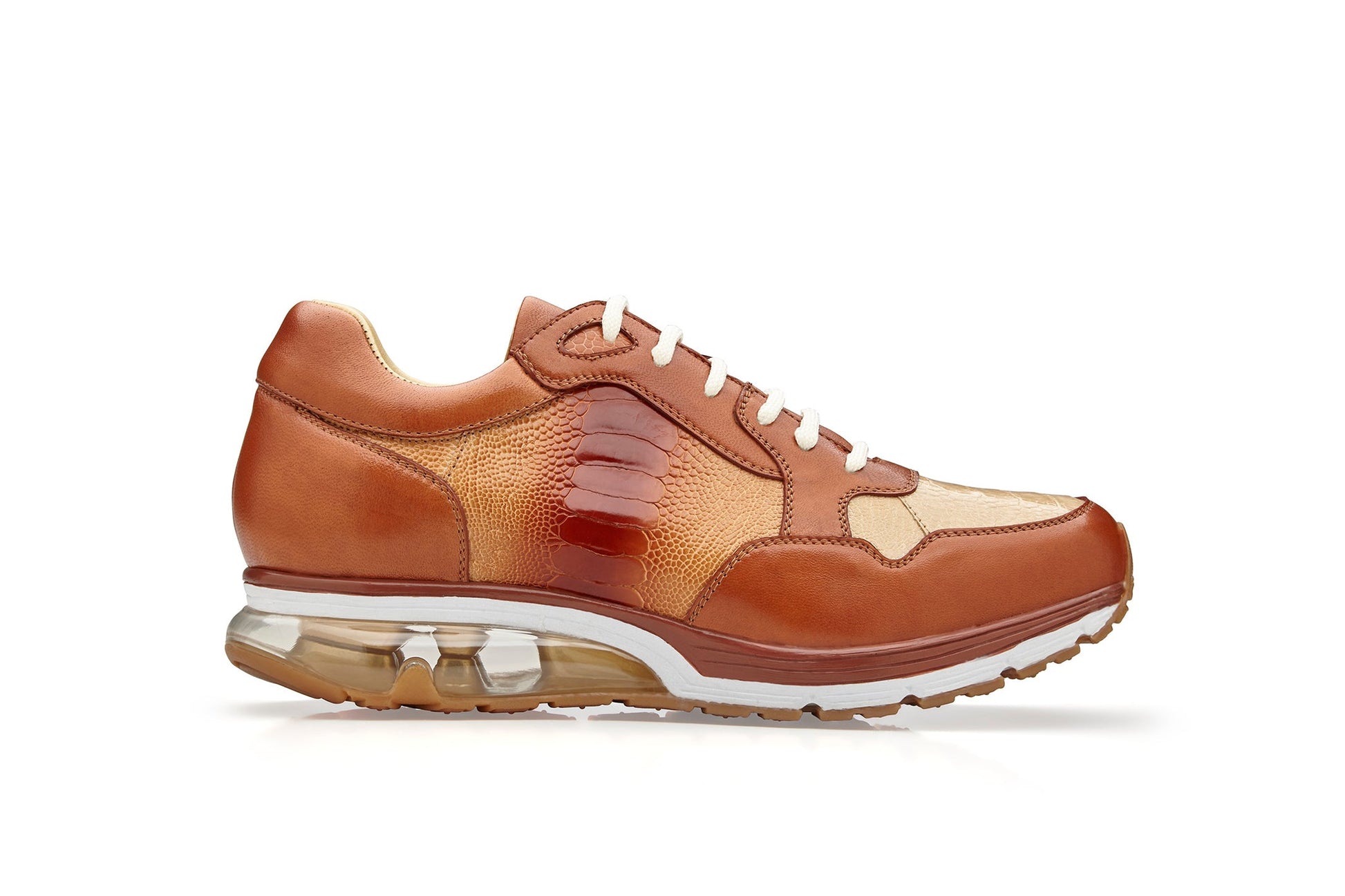 BELVEDERE’s Gino E24 sneaker in Antique Brandy/Bone features genuine ostrich leg and soft calf leather, a cushioned insole, white laces, a transparent air-cushioned sole, and textured panels—all shown in side profile.