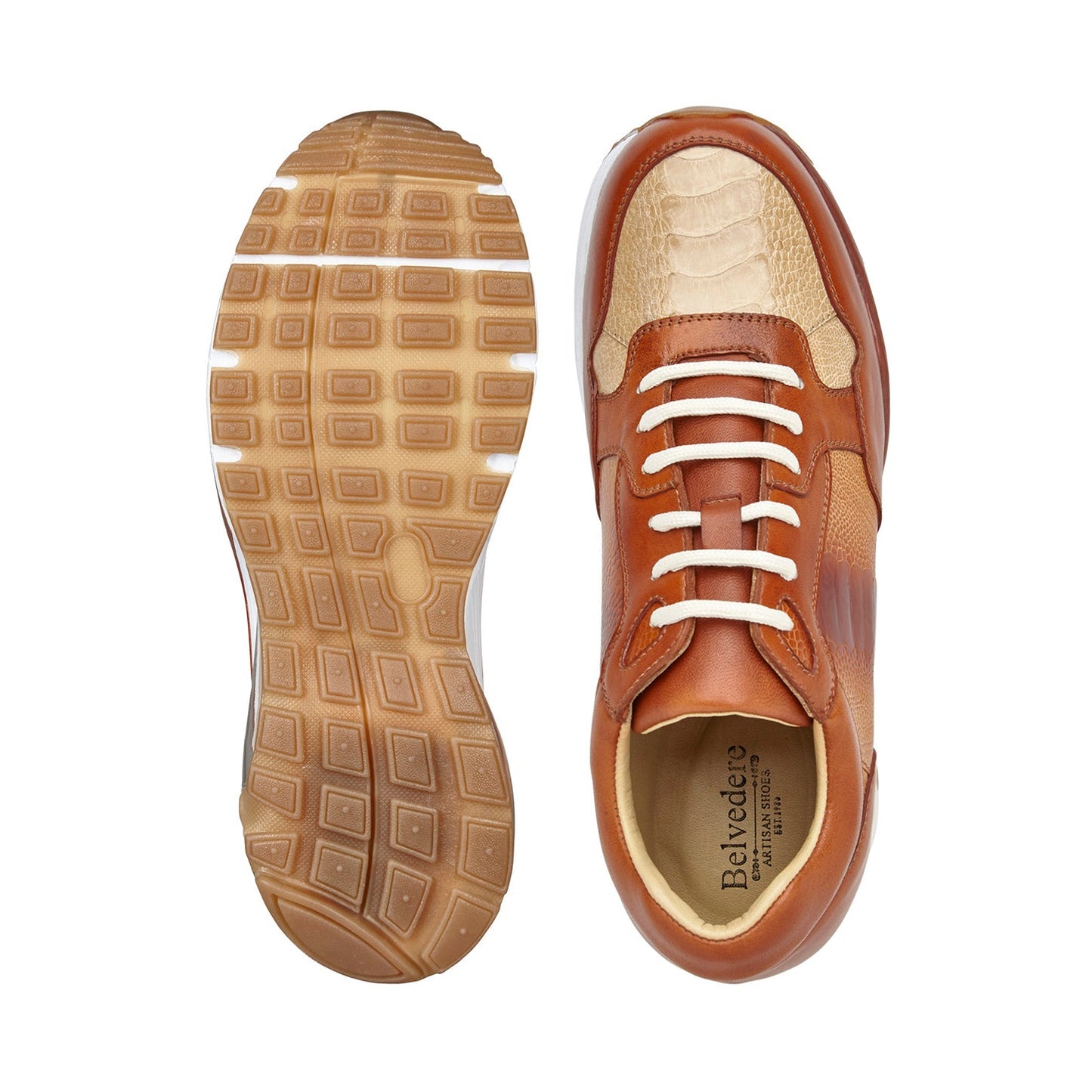 BELVEDERE’s Gino E24 sneaker in Antique Brandy/Bone features genuine ostrich leg and soft calf leather, a cushioned insole, white laces, a transparent air-cushioned sole, and textured panels—all shown in side profile.