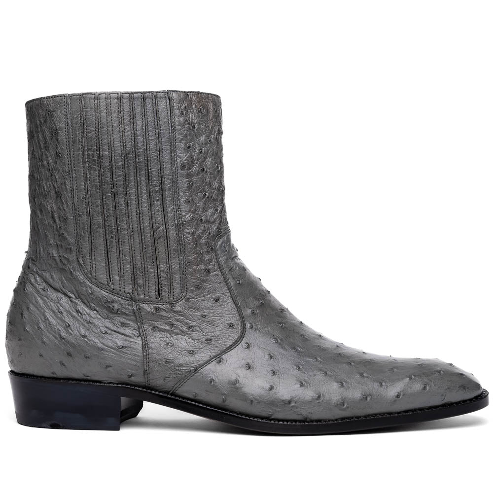 The Giorgio Serpentine Gray boots by Marco Di Milano—crafted from genuine ostrich quill leather—feature one upright and one on its side to reveal the sole, highlighting luxurious materials and exceptional craftsmanship.