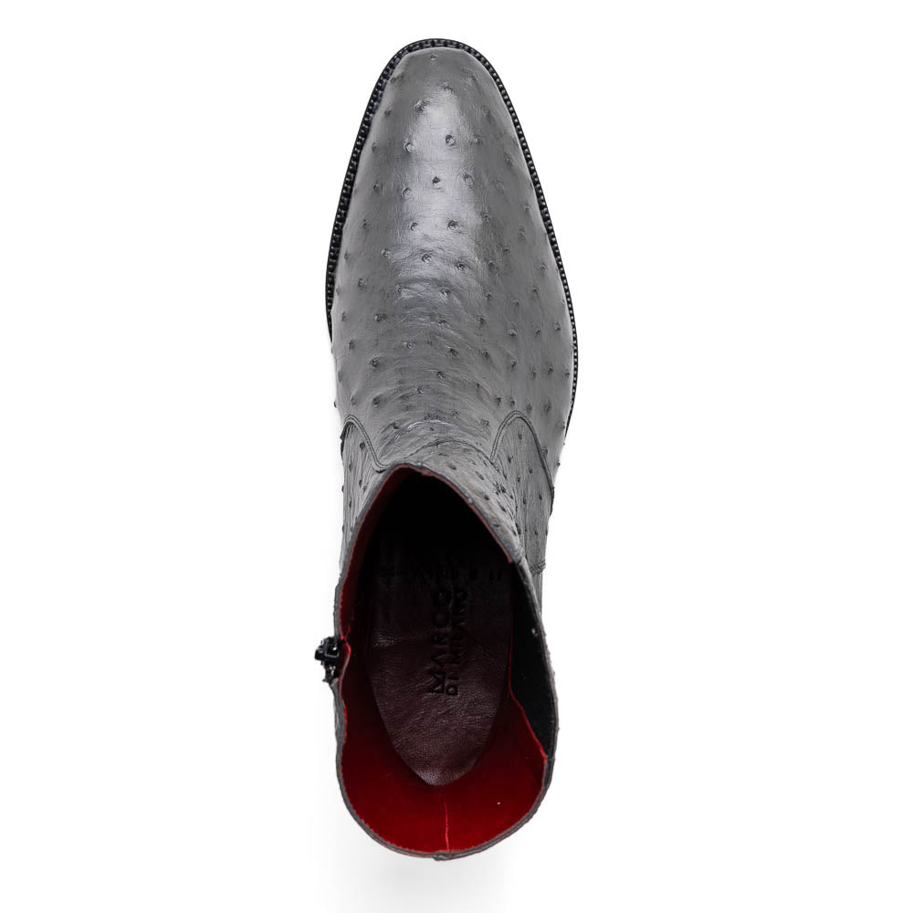 The Giorgio Serpentine Gray boots by Marco Di Milano—crafted from genuine ostrich quill leather—feature one upright and one on its side to reveal the sole, highlighting luxurious materials and exceptional craftsmanship.