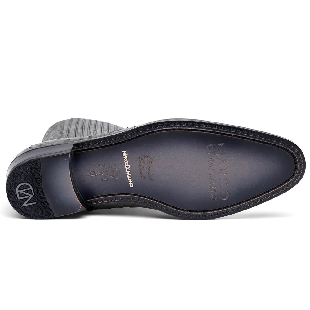 The Giorgio Serpentine Gray boots by Marco Di Milano—crafted from genuine ostrich quill leather—feature one upright and one on its side to reveal the sole, highlighting luxurious materials and exceptional craftsmanship.
