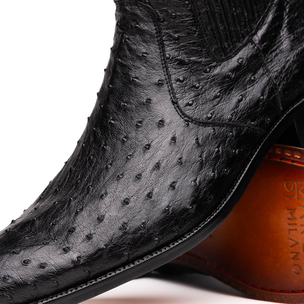 The Marco Di Milano Giorgio Black is a pair of luxury dress boots in genuine ostrich quill leather, showcasing a black ankle design, side zippers, brown leather soles, and visible sole branding—one boot upright, one on its side.