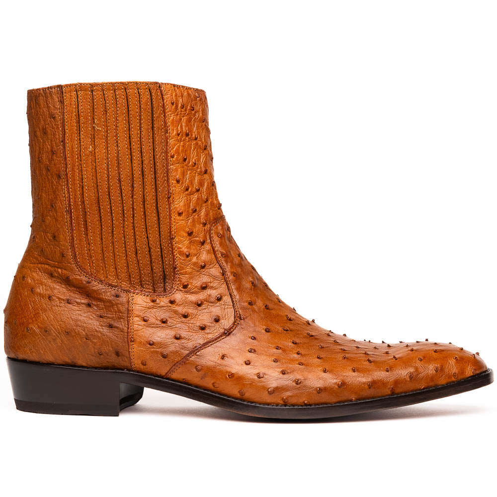 The Giorgio Brandy dress boots by Marco Di Milano feature genuine brown ostrich quill leather, hand-painted finishes, a side zipper, and a textured design—one upright and one lying down to showcase the sole's craftsmanship.