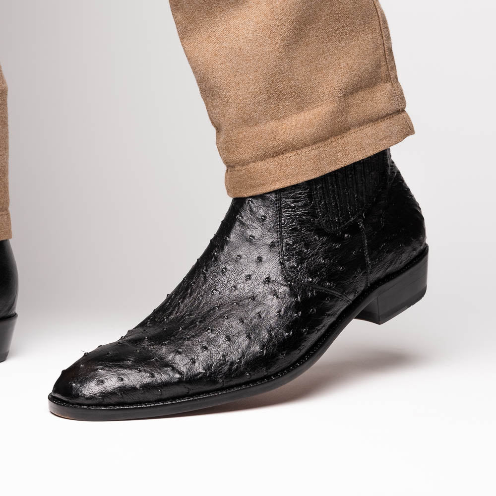 The Marco Di Milano Giorgio Black is a pair of luxury dress boots in genuine ostrich quill leather, showcasing a black ankle design, side zippers, brown leather soles, and visible sole branding—one boot upright, one on its side.