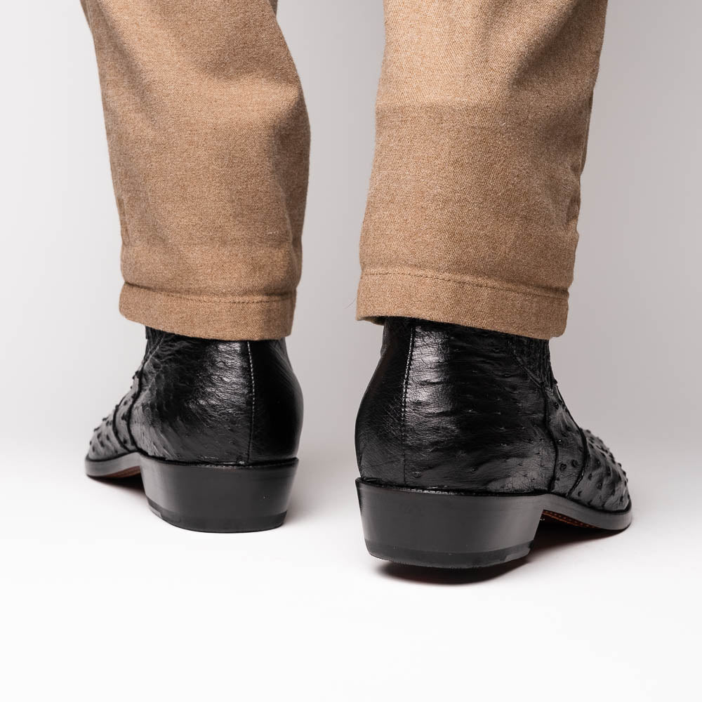 The Marco Di Milano Giorgio Black is a pair of luxury dress boots in genuine ostrich quill leather, showcasing a black ankle design, side zippers, brown leather soles, and visible sole branding—one boot upright, one on its side.