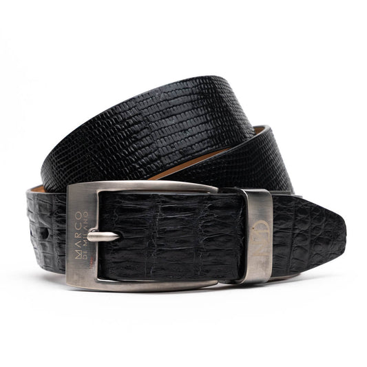 The Giovanni Belt Black by Marco Di Milano features black textured leather and a silver rectangular buckle, displayed coiled on a white background.