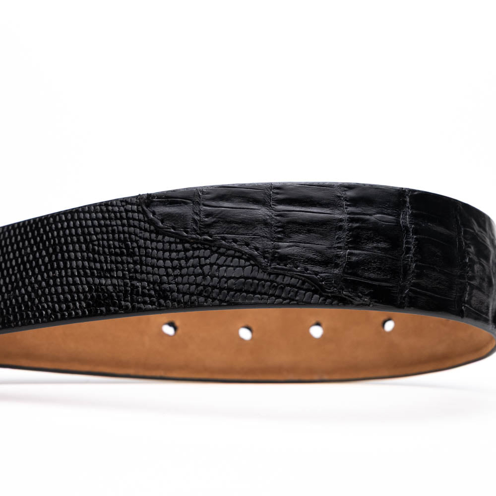 The Giovanni Belt Black by Marco Di Milano features black textured leather and a silver rectangular buckle, displayed coiled on a white background.