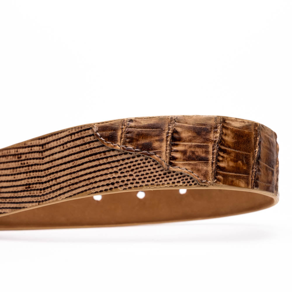 The Giovanni Belt Pantano Orix by Marco Di Milano is a brown leather belt with a silver buckle, showcasing crocodile embossing and a dotted design.
