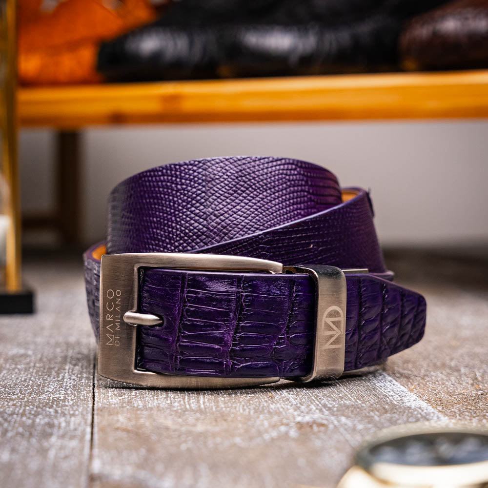 The Giovanni Belt Purple by Marco Di Milano features a sleek silver buckle and elegant caiman belly leather.