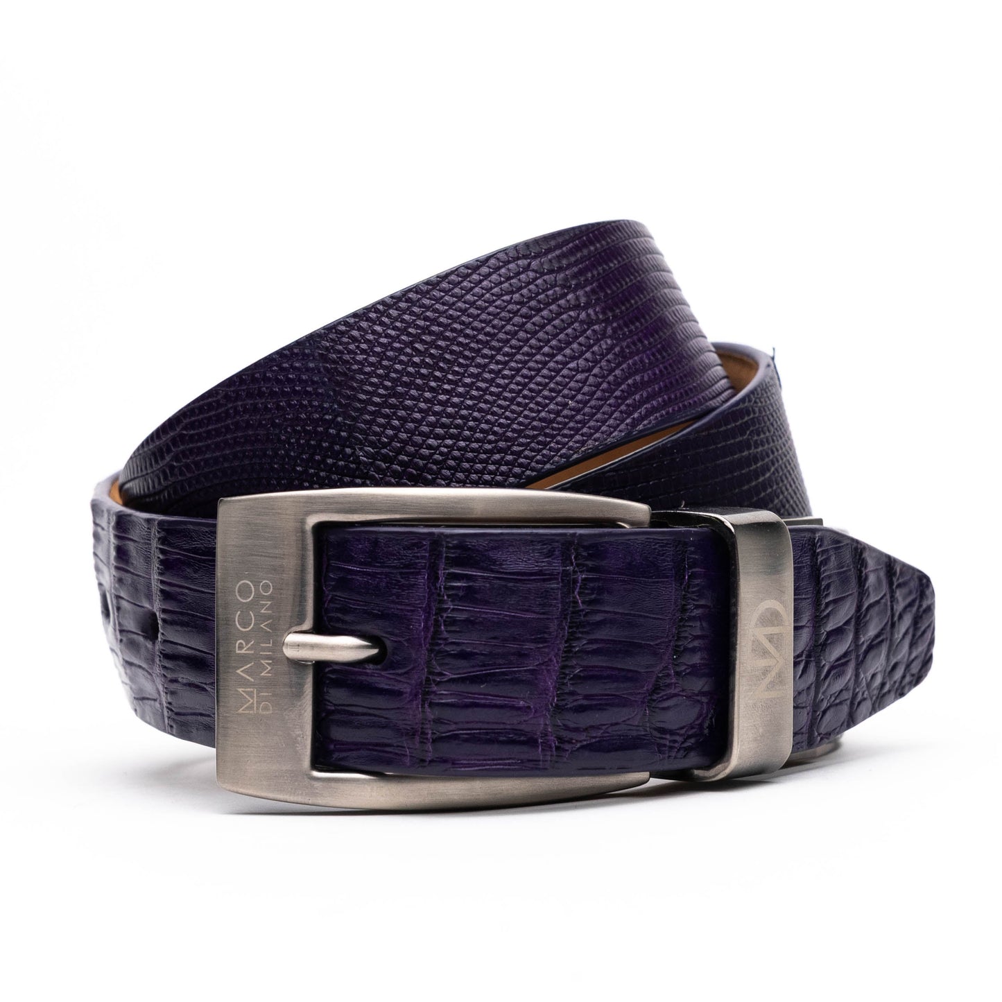 The Giovanni Belt Purple by Marco Di Milano features a sleek silver buckle and elegant caiman belly leather.