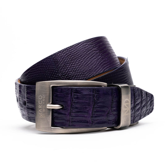The Giovanni Belt Purple by Marco Di Milano features a sleek silver buckle and elegant caiman belly leather.